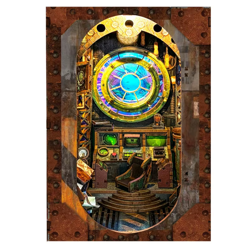 DIY Wooden Book Nook Shelf Insert Miniature Model Kits Ten Thousand Leagues under the Sea Bookshelf with Light for Friends Gifts