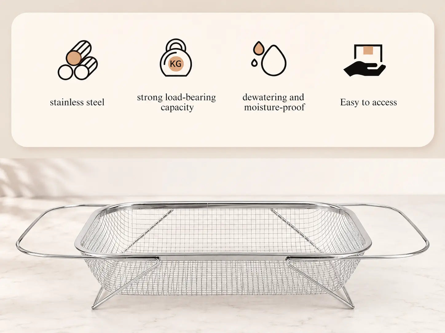 Stainless Steel Expandable Over-The-Sink Colander Strainer Basket, Rectangle Fine Mesh Kitchen Utensils with Handles, Silver Kitchen Essential Supplies, Kitchen Supplies