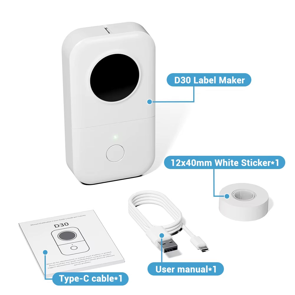 Witte Phomemo D30 met kabel, handleiding en labelrol