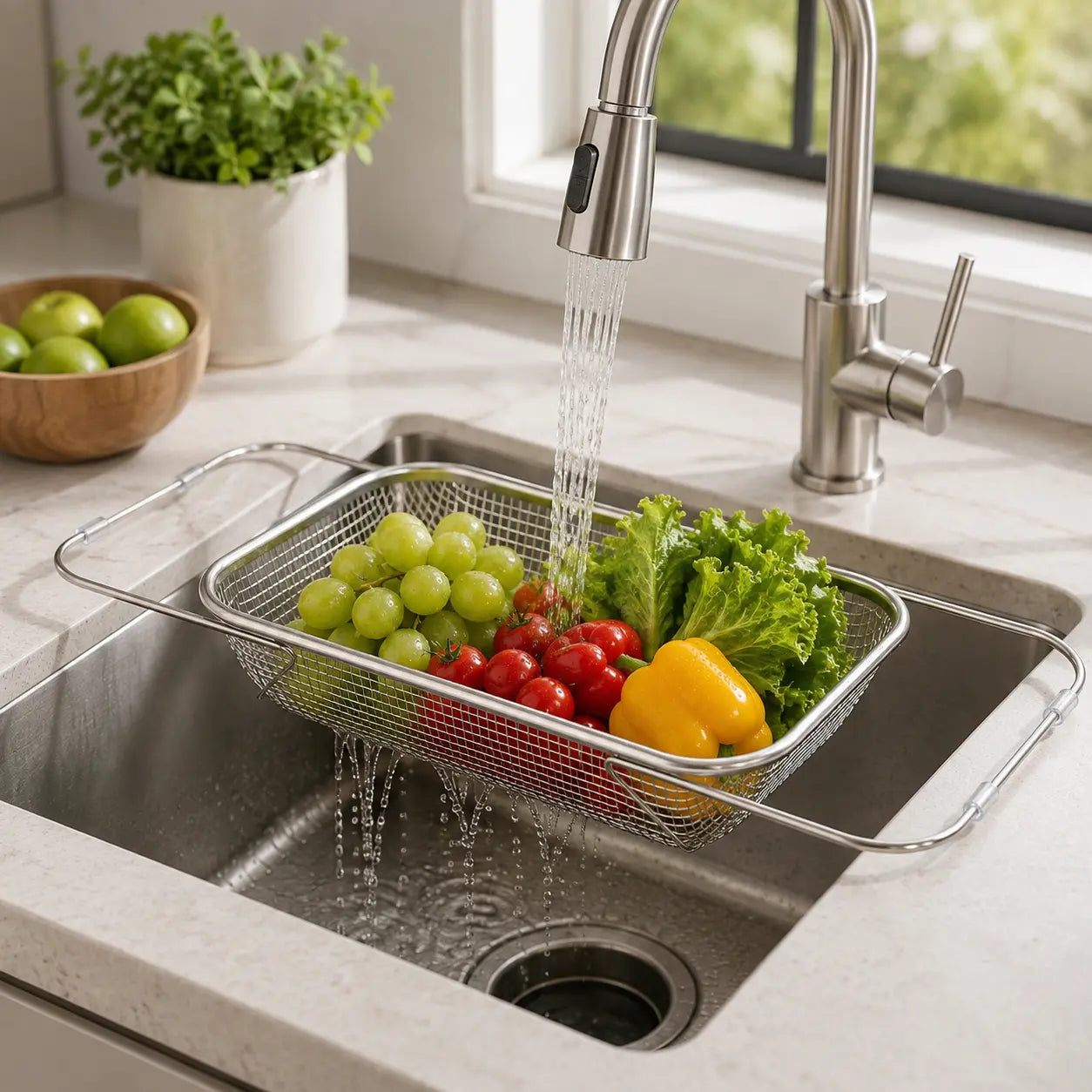 Stainless Steel Expandable Over-The-Sink Colander Strainer Basket, Rectangle Fine Mesh Kitchen Utensils with Handles, Silver Kitchen Essential Supplies, Kitchen Supplies