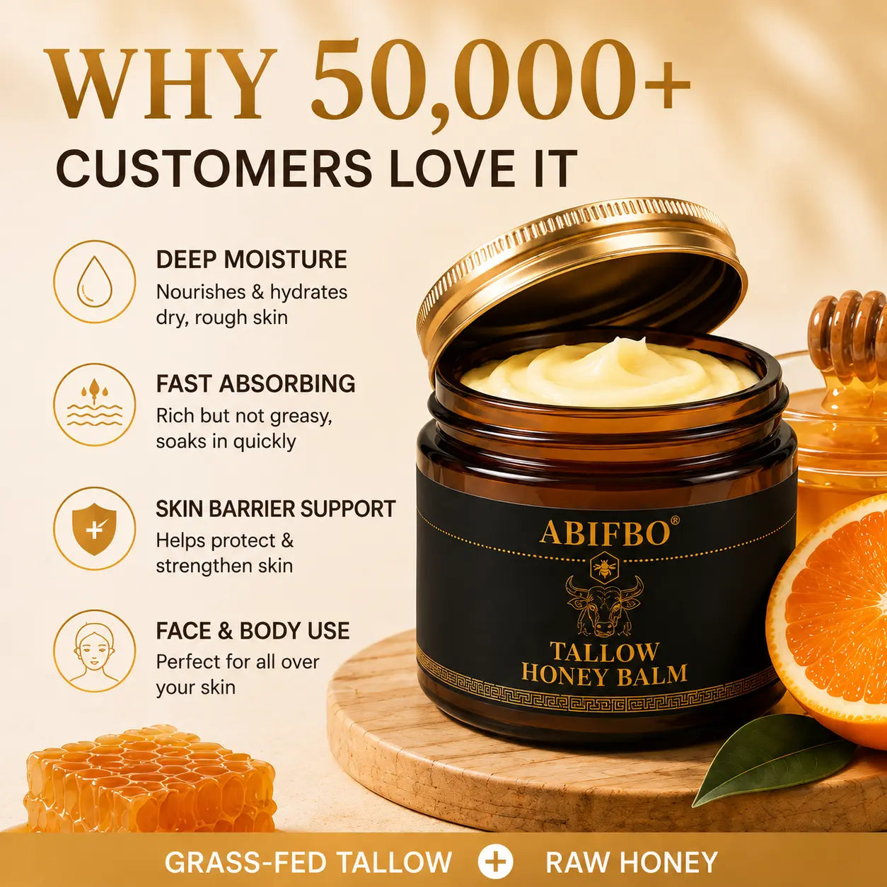Organic Grass-Fed Beef Tallow Balm with Raw Honey - Handmade All-Natural Moisturizer for Soft, Smooth, Radiant Skin