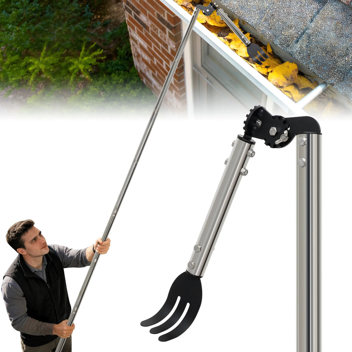 CKLT Gutter Cleaning Tools from the Ground, Dual-Axis Spring Steel Gutter Cleaner, Adjustable Length Gutter Cleaning Pole with Gutter Rake for Leaves, Muck and Roof Debris, No Ladder Needed, Rain Gutter Cleaner Garden Cleaning Tools Garden Equipment