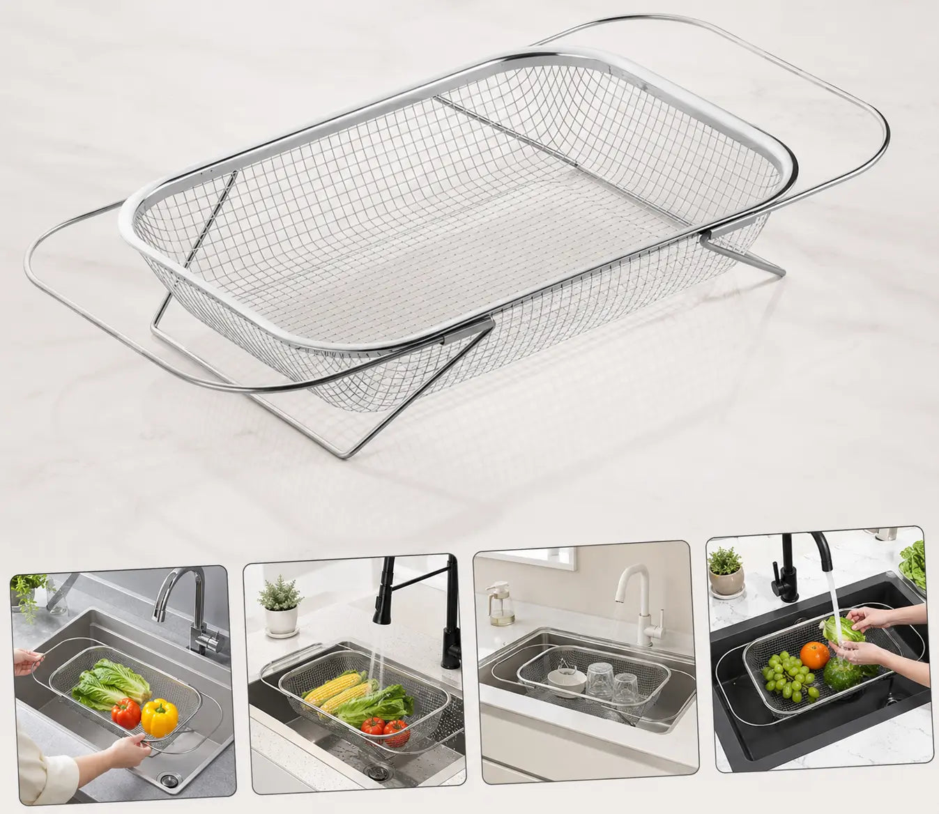 Stainless Steel Expandable Over-The-Sink Colander Strainer Basket, Rectangle Fine Mesh Kitchen Utensils with Handles, Silver Kitchen Essential Supplies, Kitchen Supplies
