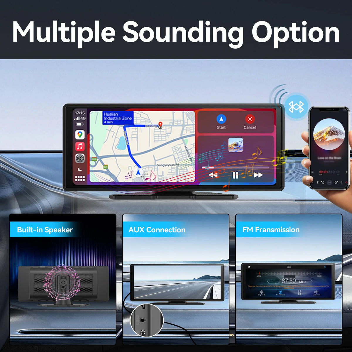 Dashboard display for navigation, calls and music